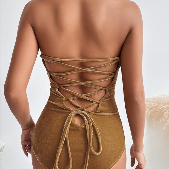 Sexy Velvet Strapless Bodysuit  Vintage Deep V Neck Lace Up Cross Back khaki M - Picture 4 of 6